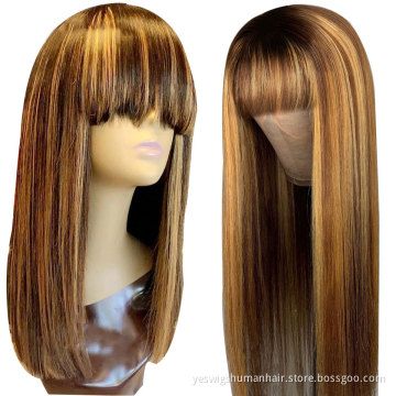 Wholesale 150% 180% 200%Density Ombre Brown Highlight Machine Made No Lace Front Human Hair Wig With Bangs Wigs For Black Women